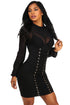 Sexy Black Grommet Crisscross Detail Sheer Long Sleeve Dress